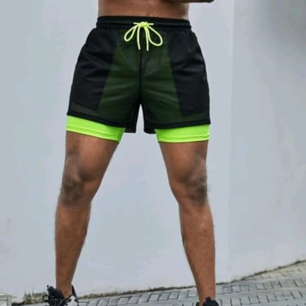 Men Drawstring Mesh Overlay Shorts XXL